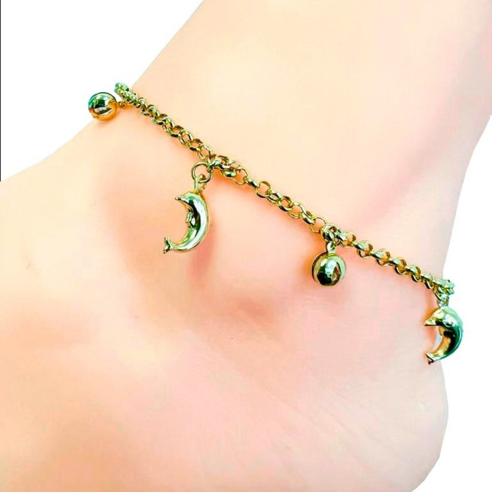 14K Yellow Solid Gold Anklet Bracelet Dolphin Evil Eye Jewelry for Good Luck 10"